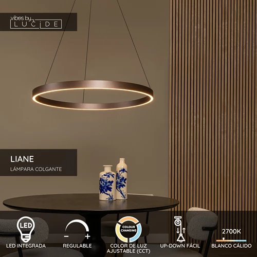 Lucide LIANE - Lámpara colgante - Ø 80 cm - LED Regul. - CCT - 2x36W 2700K/4000K - Marrón óxido | Vibes - USP